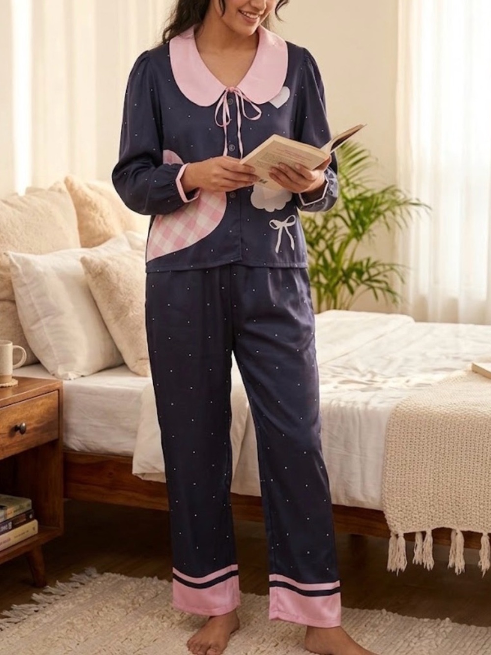 Women's Navy and Pink Heart-Print Pajama Set with Peter Pan Collar My Melody.